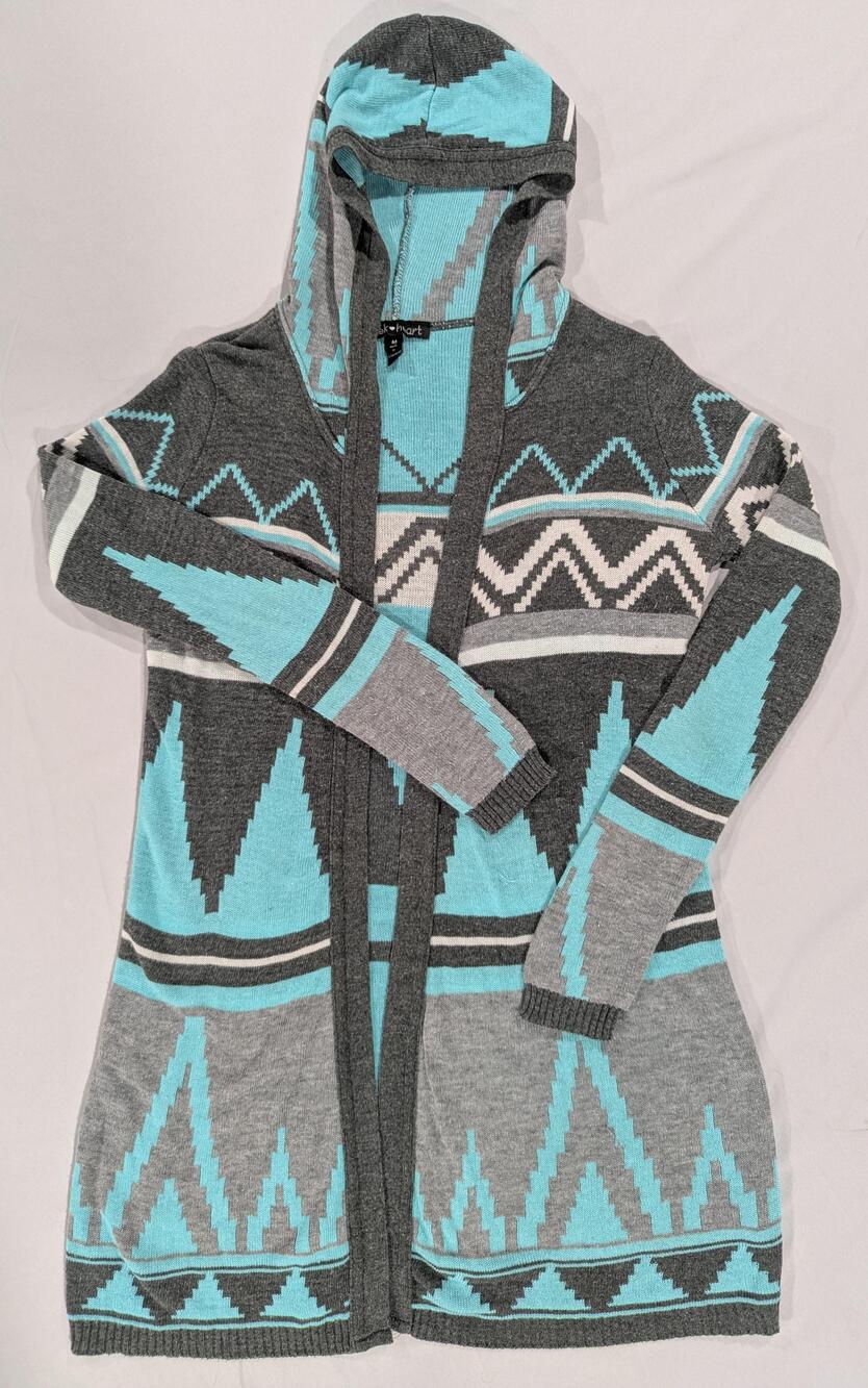 Derek Heart Cardigan Juniors M Gray Aztec Hooded Open Front Knit Sweater